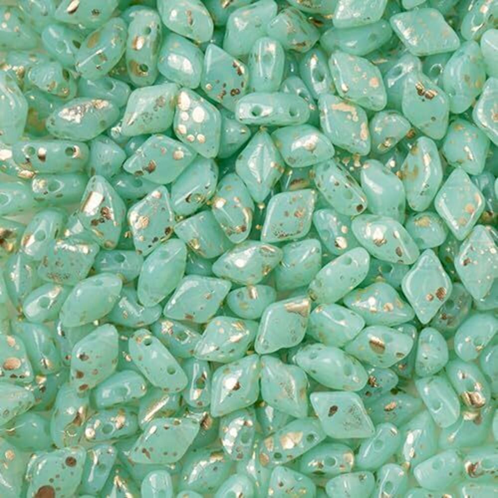 2605 Matubo Czech Gemduo 2-Hole, Opal Green Aqua Gold Splash, 50g